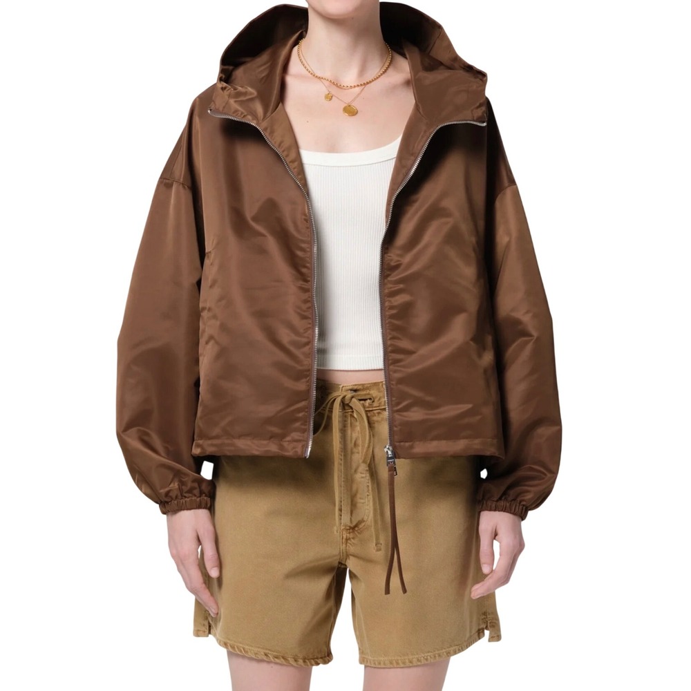 Citizens of Humanity Cropped Nylon Windbreaker Brown Hooded Jacket XS 5156 NEW